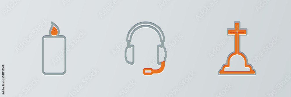 Wall mural set line tombstone with cross, burning candle and headphones microphone icon. vector