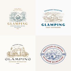 Glamping Recreation Retro Logo Templates Set. Hand Drawn Comfortable Outdoor Tent Landscape Scenery with Typography. Nature Rest Sketch Emblems Collection Isolated
