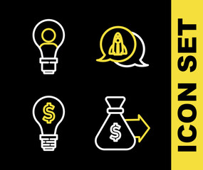 Set line Startup project concept, Money bag, Light bulb with dollar and Head lamp icon. Vector
