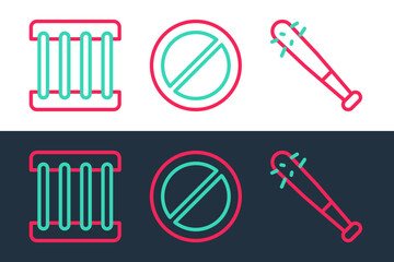 Set line Baseball bat with nails, Prison window and Ban icon. Vector