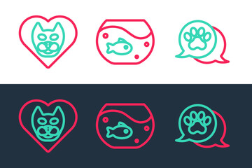 Set line Paw print, Heart with cat and Aquarium fish icon. Vector