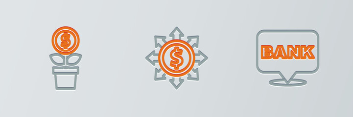 Set line Bank building, Dollar plant and Dollar, share, network icon. Vector