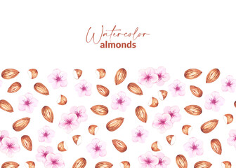 Design with watercolor almond and blooms. Hand drawn pink flowers and nuts. Template for packaging, label, card, stationery.