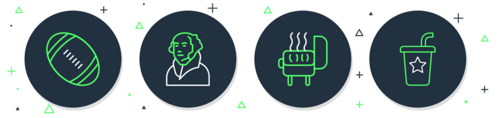Set line George Washington, Barbecue grill, American Football ball and Paper glass with straw icon. Vector