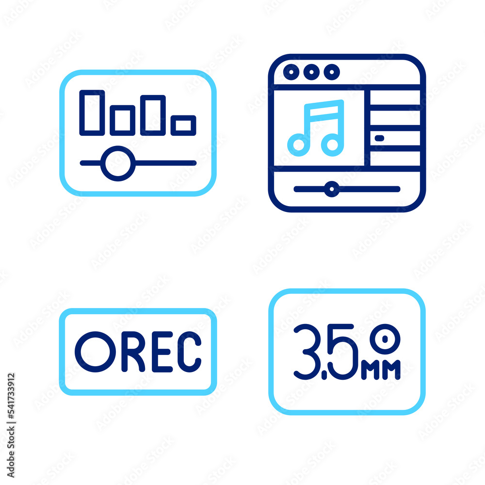 Sticker Set line Audio jack, Record button, Music player and equalizer icon. Vector