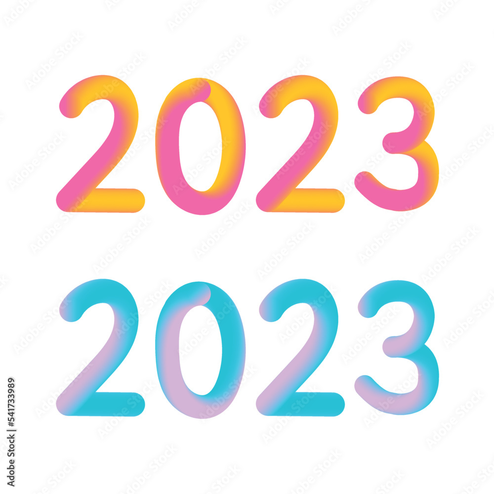 Sticker Happy new year 2023 future metaverse neon text neon with metal effect, numbers and futurism lines. Vector greeting card, banner, congratulation poster 3d illustration. Modern trendy electronic light