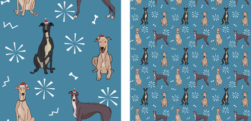 Seamless Greyhound dog pattern, holiday texture. Square format, t-shirt, poster, packaging, textile, socks, textile, fabric, decoration, wrapping paper. Trendy hand-drawn dogs wallpaper.
