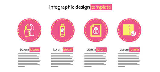 Set line Document and lock, Server security with, USB flash drive and Broken or cracked icon. Vector