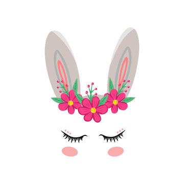 Bunny eyes, ears with flowers. Vector Illustration for printing, backgrounds, covers and packaging. Image can be used for greeting cards, posters, stickers and textile. Isolated on white background.