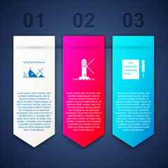 Set Sunken ship, Lighthouse and Feather pen and scroll. Business infographic template. Vector