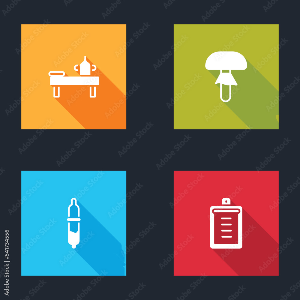 Sticker Set Massage table with oil, Mushroom, Pipette and Clipboard checklist icon. Vector