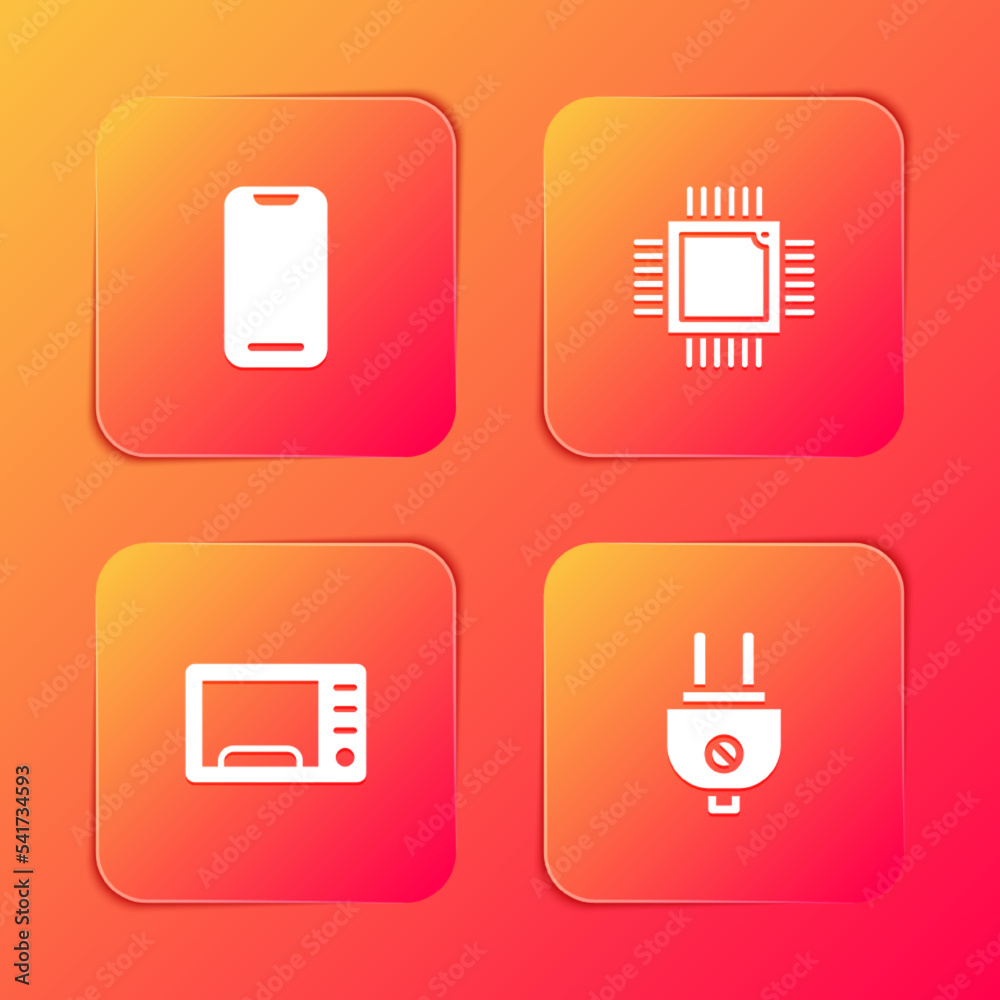 Sticker Set Smartphone, Processor with microcircuits CPU, Microwave oven and Electric plug icon. Vector