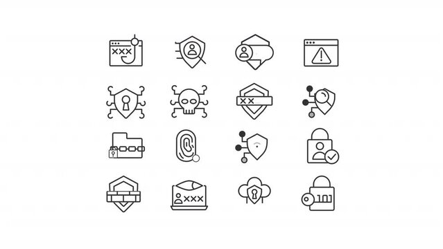 Animated security linear icon set. Computer protection from cyberthreats. Cyber attack. Seamless loop HD video pack with alpha channel on transparent background. Outline motion graphic animations