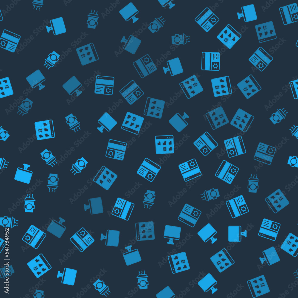 Poster set computer monitor screen, debugging, browser files and coffee cup go on seamless pattern. vector