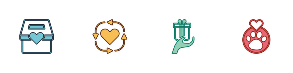 Set Donation and charity, Volunteer, Give gift and Heart with animals footprint icon. Vector