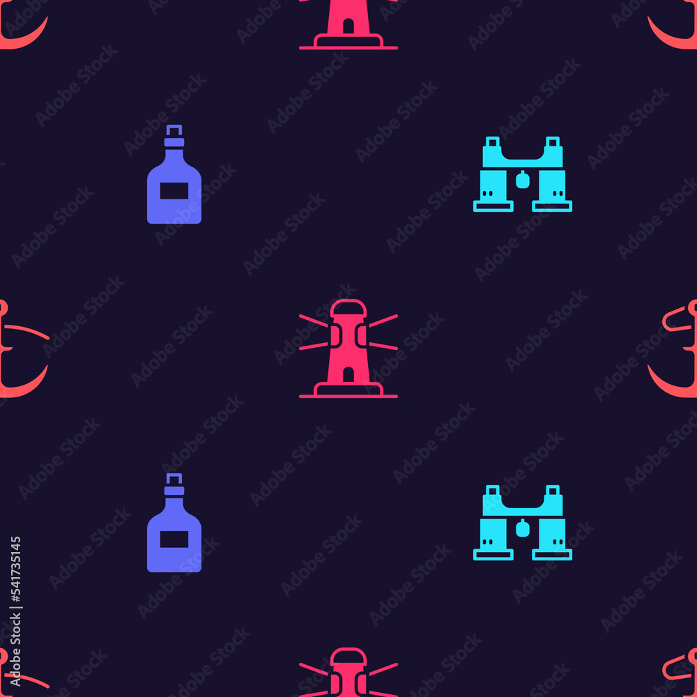 Wall mural set binoculars, rum bottle, lighthouse and anchor on seamless pattern. vector