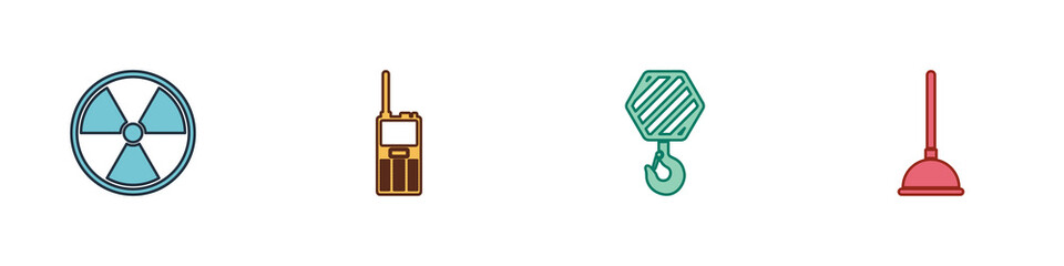 Set Radioactive, Walkie talkie, Industrial hook and Rubber plunger icon. Vector