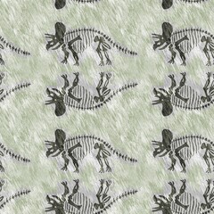 Hand drawn triceratops fossil bones dinosaur seamless pattern. Gender Neutral Jurassic silhouette. Home decor for museum, excintion and textile design.  © Leah