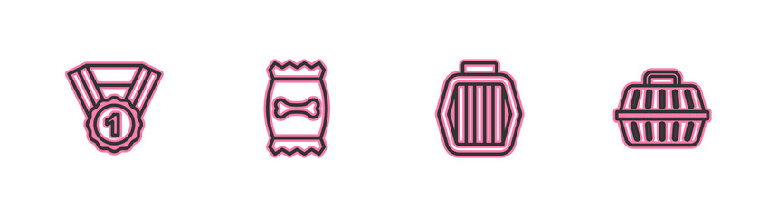 Set line Dog award symbol, Pet carry case, Bag of food for pet and icon. Vector
