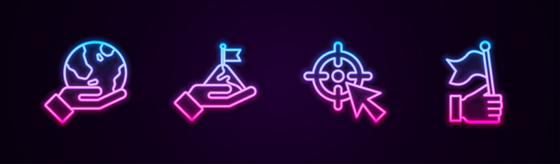 Set line Hand holding Earth globe, Mountains with flag, Target and . Glowing neon icon. Vector