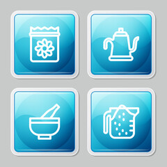 Set line Pack full of seeds of plant, Watering can, Mortar and pestle and Measuring cup icon. Vector