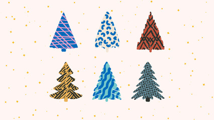 Vector set of Ornate Trendy Christmas Trees, Hand Drawn Elements for Social Media and Web Design.	