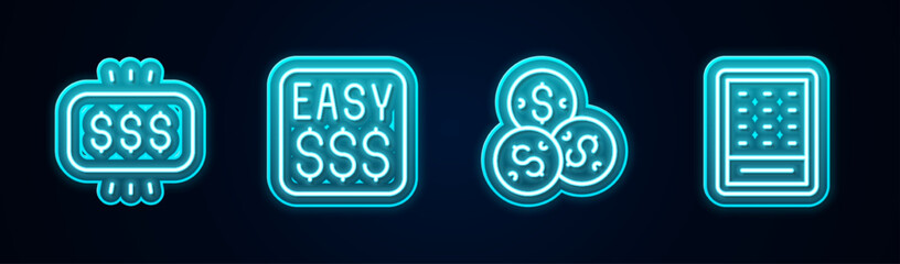 Set line Money prize in casino, Casino chip with dollar and Lottery ticket. Glowing neon icon. Vector