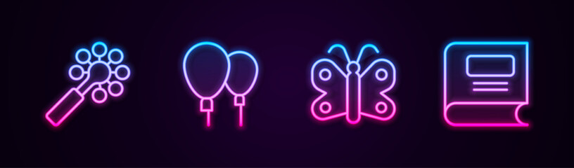 Set line Rattle baby toy, Balloons, Butterfly and Book. Glowing neon icon. Vector