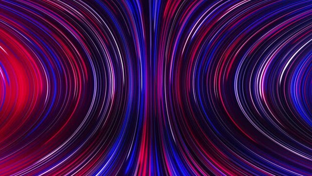 Аbstract panoramic neon background with glowing rays. Colored rays move along a geometric surface. Looped
