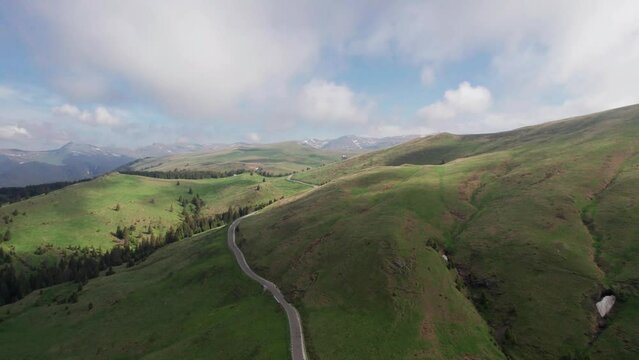 Aerial view of Transbucegi road on a cloudy day, Bucegi mountains