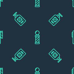 Set line Classic Barber shop pole, Bottle of shampoo and Hairbrush on seamless pattern. Vector