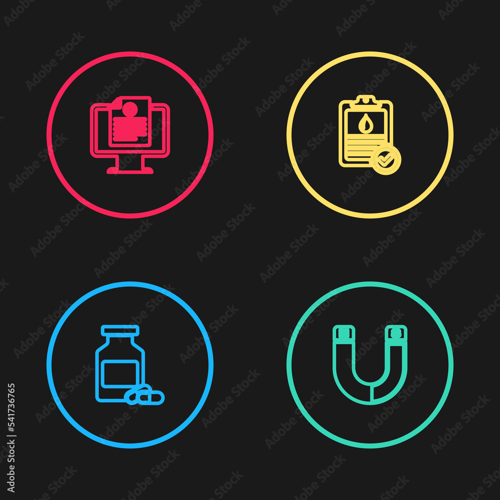 Sticker Set line Medicine bottle and pills, Magnet, Clipboard with blood test and Clinical record on monitor icon. Vector