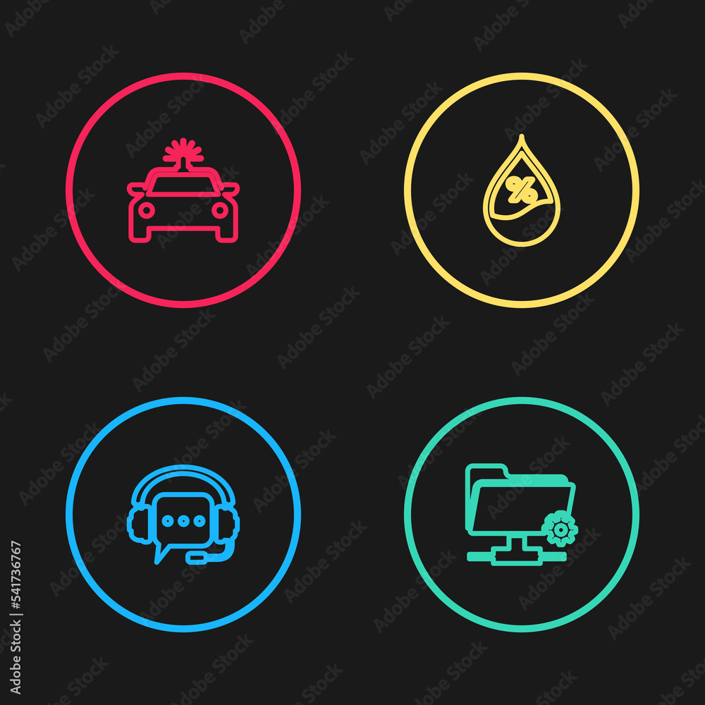 Wall mural Set line Headphones with speech bubble, FTP settings folder, Water drop percentage and Police car and flasher icon. Vector