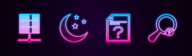 Set line Server, Data, Web Hosting, Moon and stars, Unknown document and search. Glowing neon icon. Vector