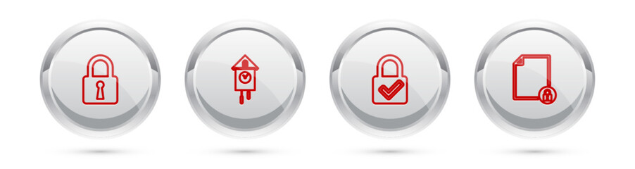 Set line Lock, Retro wall watch, and check mark and Document lock. Silver circle button. Vector
