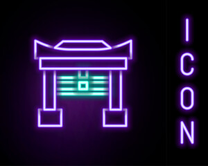 Glowing neon line Japan Gate icon isolated on black background. Torii gate sign. Japanese traditional classic gate symbol. Colorful outline concept. Vector