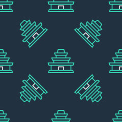 Line Traditional Korean temple building icon isolated seamless pattern on black background. Vector