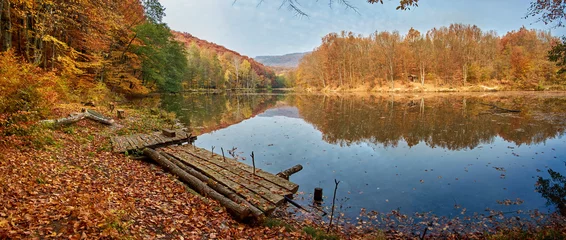Fototapeten Pier Wooden fishing pier on the shore of a picturesque forest lake in golden autumn  © Rejdan