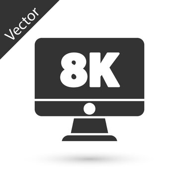 Grey Computer PC monitor display with 8k video technology icon isolated on white background. Vector