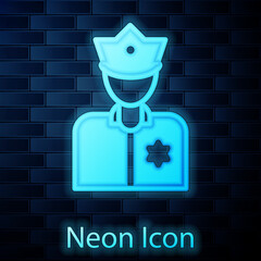 Glowing neon Police officer icon isolated on brick wall background. Vector