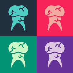 Pop art Tooth with caries icon isolated on color background. Tooth decay. Vector