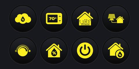 Set Thermostat, House with solar panel, humidity, Power button, Smart home, and Humidity icon. Vector
