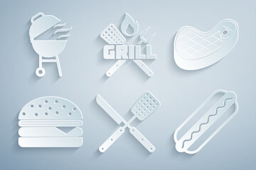 Set Crossed knife and spatula, Steak meat, Burger, Hotdog sandwich, fork and Barbecue grill icon. Vector