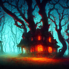 Fototapeta na wymiar An Illustration of an old haunted house with light in its windows surrounded by trees in a dark forest