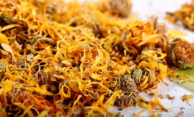 dried calendula officinalis petals. Calendula officinalis or Marigold dry tea flowers