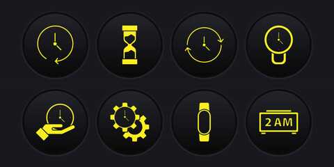 Set Clock, Time Management, Smartwatch, Old hourglass, Digital alarm clock and icon. Vector