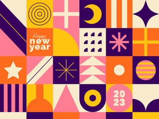 Obraz premium Happy new year graphic pattern. Geometric design. Abstract background. Decorative vector illustration. Winter holidays. Modern trendy patterns. Header with geometrical shapes. Bauhaus influence.