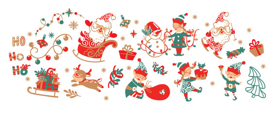 Christmas characters, Santa, Elves, reindeer, gifts boxes and others christmas attribution. Set of christmas print.