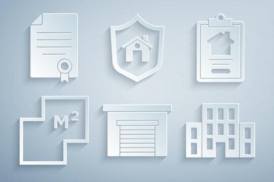 Set Garage, House contract, plan, with shield and icon. Vector