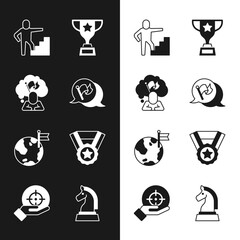 Set Flag, Man holding flag, Stair with finish, Award cup, Planet, Medal, Chess and Target icon. Vector